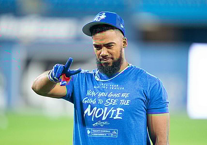 Apr 8, 2022; Toronto, Ontario, CAN; Toronto Blue Jays right fielder Teoscar Hernandez (37) gestures at the camera during batting practice against the Texas Rangers at Rogers Centre . Mandatory Credit: Nick Turchiaro-USA TODAY Sports