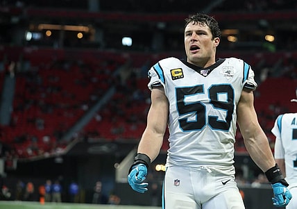 Dec 8, 2019; Atlanta, GA, USA; Carolina Panthers middle linebacker Luke Kuechly (59) greets teammates after a touchdown in the fourth quarter against the Atlanta Falcons at Mercedes-Benz Stadium. Mandatory Credit: Jason Getz-USA TODAY Sports