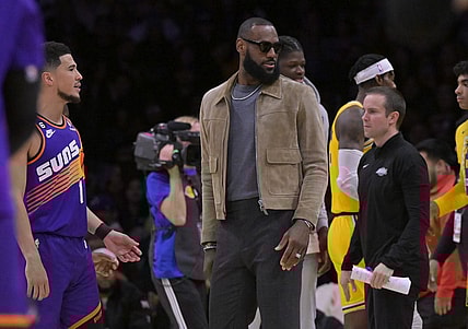 Mar 22, 2023; Los Angeles, California, USA;   Los Angeles Lakers forward LeBron James (6) looks on from the bench in the second half against the Phoenix Suns at Crypto.com Arena. Mandatory Credit: Jayne Kamin-Oncea-USA TODAY Sports