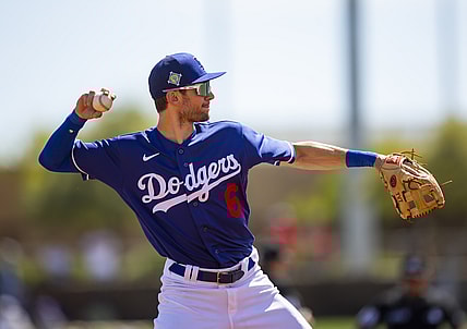 Mar 22, 2022; Phoenix, Arizona, USA; Los Angeles Dodgers third baseman Trea Turner against the Cincinnati Reds during a spring training game at Camelback Ranch-Glendale. Mandatory Credit: Mark J. Rebilas-USA TODAY Sports