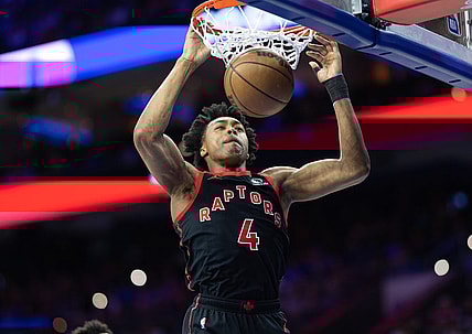 Mar 31, 2023; Philadelphia, Pennsylvania, USA; Toronto Raptors forward Scottie Barnes (4) dunks the ball against the Philadelphia 76ers during the first quarter at Wells Fargo Center. Mandatory Credit: Bill Streicher-USA TODAY Sports
