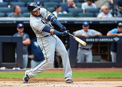 Oct 3, 2021; Bronx, New York, USA; Tampa Bay Rays designated hitter Nelson Cruz (23) Yankee Stadium. Mandatory Credit: Wendell Cruz-USA TODAY Sports