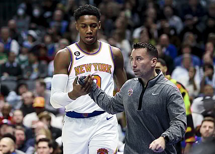 Dec 27, 2022; Dallas, Texas, USA;  New York Knicks guard RJ Barrett (9) leaves the court with an injury during the first quarter against the Dallas Mavericks at American Airlines Center. Mandatory Credit: Kevin Jairaj-USA TODAY Sports