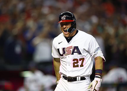 Mar 13, 2023; Phoenix, Arizona, USA; USA outfielder Mike Trout celebrates after hitting a three run home run in the first inning against Canada during the World Baseball Classic at Chase Field. Mandatory Credit: Mark J. Rebilas-USA TODAY Sports