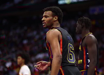 Mar 28, 2023; Houston, TX, USA; West guard Bronny James (6) during the McDonald's All American Boy's high school basketball game at Toyota Center. Mandatory Credit: Mark J. Rebilas-USA TODAY Sports