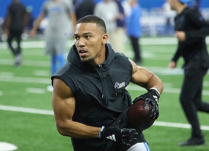 Detroit Lions receiver Amon-Ra St. Brown warms up before action against the Seattle Seahawks at Ford Field, Sunday, Sept. 17, 2023.