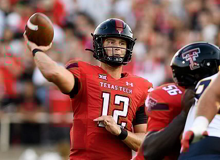 Texas Tech's quarterback Tyler Shough (12) prepares to throw the ball against Murray State in their season opener, Saturday, Sept. 3, 2022, at Jones AT&T Stadium.