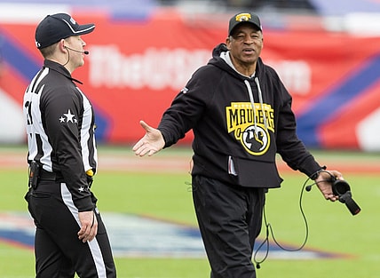 Pittsburgh Maulers head coach Ray Horton reacts during a game vs. New Jersey Generals, Sunday, April 23, 2023, at Tom Benson Hall of Fame Stadium.
