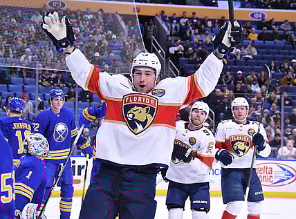 Jan 16, 2023; Buffalo, New York, USA; Florida Panthers defenseman Brandon Montour (62) celebrates scoring a goal against the Buffalo Sabres in the first period at KeyBank Center. Mandatory Credit: Mark Konezny-USA TODAY Sports