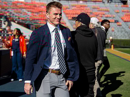 Auburn Tigers quarterback Bo Nix (10) walks the field before taking on Mississippi State Bulldogs at Jordan-Hare Stadium in Auburn, Ala., on Saturday, Nov. 13, 2021.