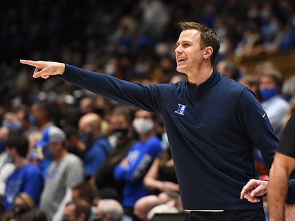Dec 22, 2021; Durham, North Carolina, USA; Duke Blue Devils associate head coach Jon Scheyer directs the team during the second half against the Virginia Tech Hokies at Cameron Indoor Stadium.  The Blue Devils won 76-65. Mandatory Credit: Rob Kinnan-USA TODAY Sports