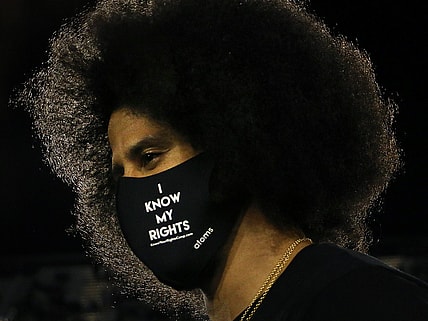 Colin Kaepernick gets inducted into the Nevada Sports Hall of Fame during halftime of the game against Idaho State at Mackay Stadium in Reno on Sept. 11, 2021.Ren Kaepernick Unr 02