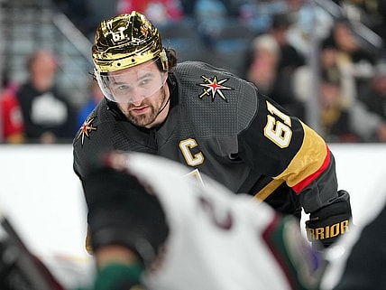 Dec 21, 2022; Las Vegas, Nevada, USA; Vegas Golden Knights right wing Mark Stone (61) awaits a face off against the Arizona Coyotes during the second period at T-Mobile Arena. Mandatory Credit: Stephen R. Sylvanie-USA TODAY Sports