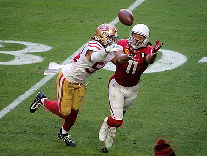 Dec 26, 2020; Glendale, AZ, USA;  San Francisco 49ers linebacker Fred Warner (54) keeps Arizona Cardinals wide receiver Larry Fitzgerald (11) from making a catch at State Farm Stadium. Mandatory Credit: Cheryl Evans-Arizona Republic

Nfl San Francisco 49ers At Arizona Cardinals
