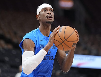 Mar 22, 2024; Toronto, Ontario, CAN; Oklahoma City Thunder guard Shai Gilgeous-Alexander (2) goes to shoot a basket during warm up before a game against the Toronto Raptors at Scotiabank Arena. Mandatory Credit: John E. Sokolowski-USA TODAY Sports