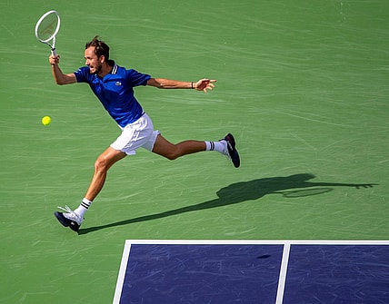 Daniil Medvedev hits to Carlos Alcaraz during the ATP final of the BNP Paribas Open in Indian Wells, Calif., Sunday, March 17, 2024.