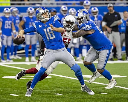 Dec 19, 2021; Detroit, Michigan, USA; Detroit Lions quarterback Jared Goff (16) throws the ball deep against the Arizona Cardinals during the second half at Ford Field. Mandatory Credit: David Reginek-USA TODAY Sports