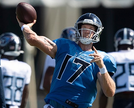 Tennessee Titans quarterback Ryan Tannehill (17) throws pass during a joint training camp practice against the Tampa Bay Buccaneers at AdventHealth Training Center Wednesday, Aug. 18, 2021 in Tampa, Fla.

Nas Titans Buccs 023