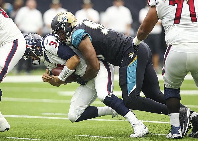Jacksonville Jaguars defensive end Calais Campbell sacks Houston Texans quarterback Tom Savage