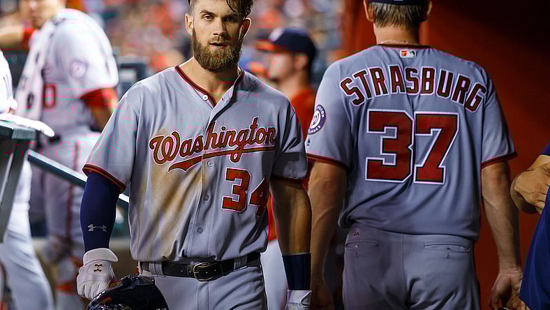 MLB, Aug 1, 2016; Phoenix, AZ, USA; Washington Nationals outfielder Bryce Harper (left) and pitcher Stephen Strasburg against the Arizona Diamondbacks at Chase Field. Mandatory Credit: Mark J. Rebilas-USA TODAY Sports