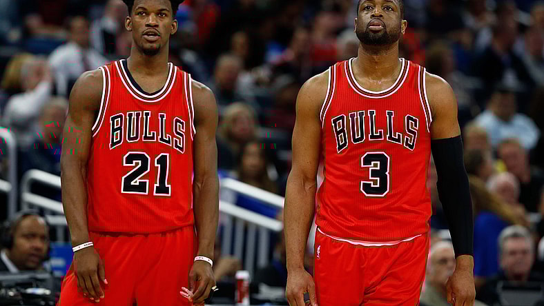 Jan 24, 2017; Orlando, FL, USA; Chicago Bulls guard Dwyane Wade (3) and forward Jimmy Butler (21) looks on against the Orlando Magic during the second quarter at Amway Center. Mandatory Credit: Kim Klement-USA TODAY Sports