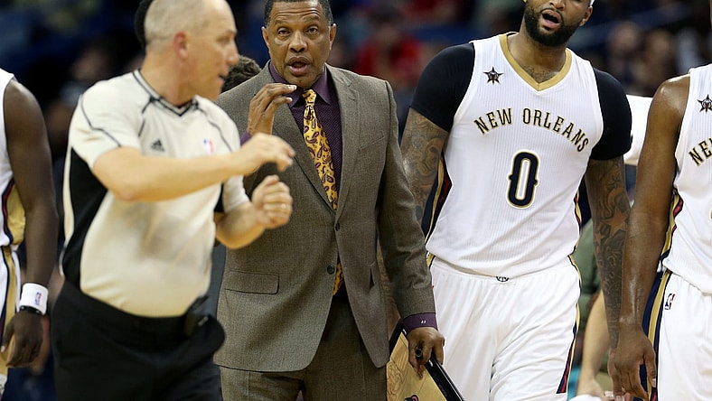 Caption: Mar 8, 2017; New Orleans, LA, USA; New Orleans Pelicans head coach Alvin Gentry and forward DeMarcus Cousins (0) talk to referee Ron Garretson (10) in the second quarter against the Toronto Raptors at the Smoothie King Center. Mandatory Credit: Chuck Cook-USA TODAY Sports Created:
