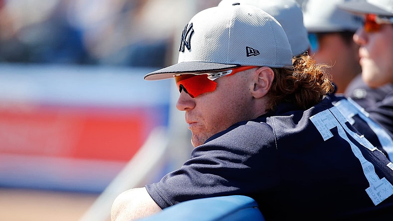 Caption: Mar 3, 2017; Dunedin, FL, USA; New York Yankees center fielder Clint Frazier (75) looks on against the Toronto Blue Jays at Florida Auto Exchange Stadium. Mandatory Credit: Kim Klement-USA TODAY Sports