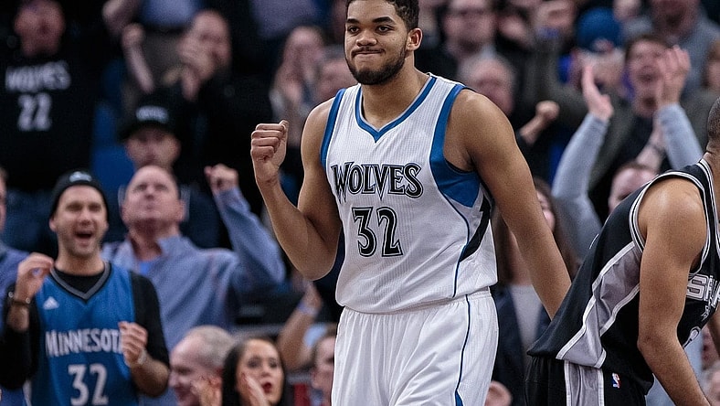 Mar 21, 2017; Minneapolis, MN, USA; Minnesota Timberwolves center Karl-Anthony Towns (32) celebrates his basket in the fourth quarter against the San Antonio Spurs at Target Center. The San Antonio Spurs beat the Minnesota Timberwolves 100-93. Mandatory Credit: Brad Rempel-USA TODAY Sports