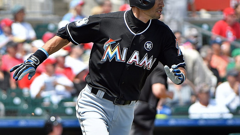 Mar 26, 2017; Jupiter, FL, USA; Miami Marlins right fielder Ichiro Suzuki (51) connects for a base hit against the St. Louis Cardinals during a spring training game at Roger Dean Stadium. Mandatory Credit: Steve Mitchell-USA TODAY Sports