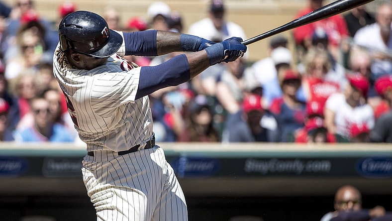 Apr 22, 2017; Minneapolis, MN, USA; Minnesota Twins first baseman Miguel Sano (22) hits a double in the first inning against the Detroit Tigers at Target Field. Mandatory Credit: Jesse Johnson-USA TODAY Sports
