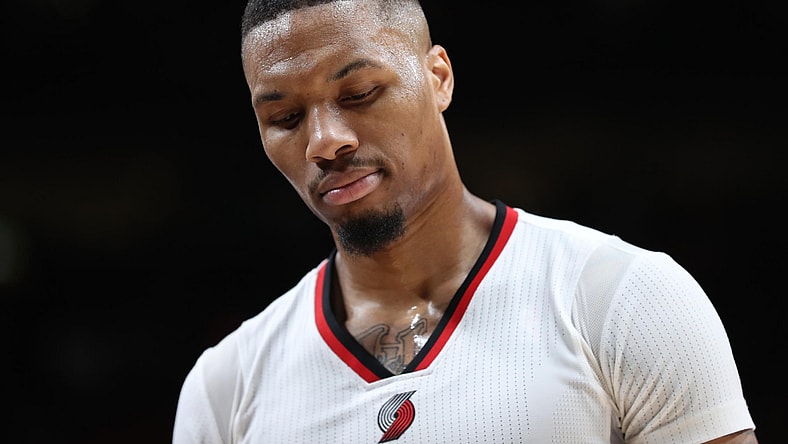 Apr 22, 2017; Portland, OR, USA; Portland Trail Blazers guard Damian Lillard (0) looks down in the second half of game three of the first round of the 2017 NBA Playoffs against the Golden State Warriors at Moda Center. Mandatory Credit: Jaime Valdez-USA TODAY Sports