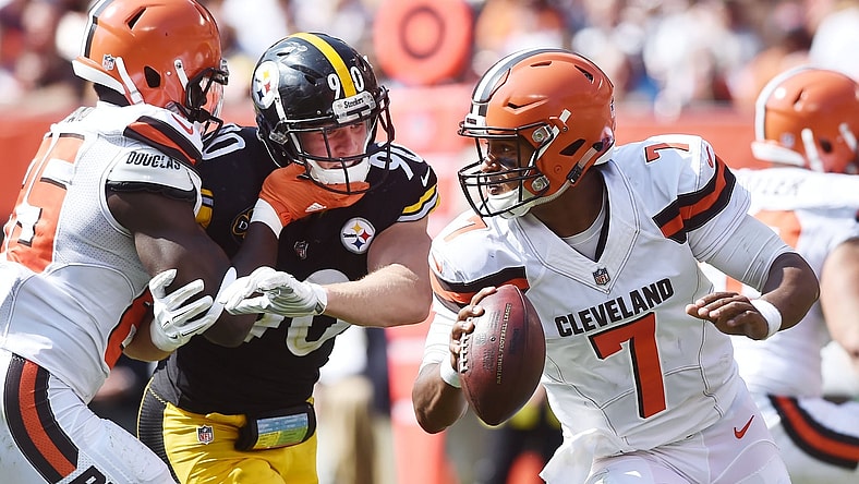 Cleveland Browns quarterback pursued by Pittsburgh Steelers linebacker T.J. Watt in NFL Week 1
