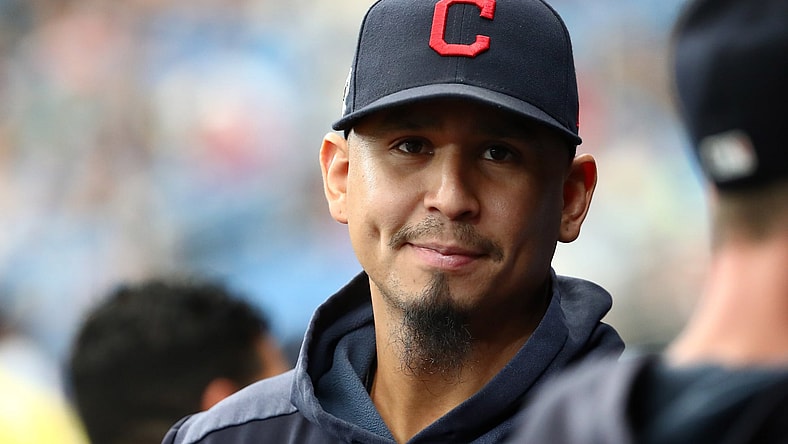 Indians Carlos Carrasco smiles during game against the Rays