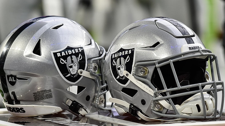 Raiders helmet during NFL game against the Vikings
