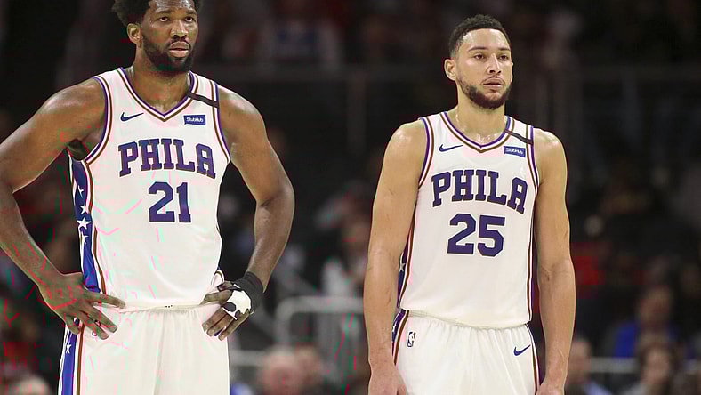 Sixers stars Ben Simmons and Joel Embiid during NBA game against the Hawks.