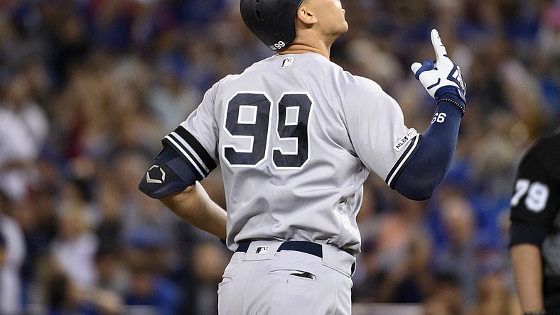 Yankees Aaron Judge celebrates after HR against the Blue Jays