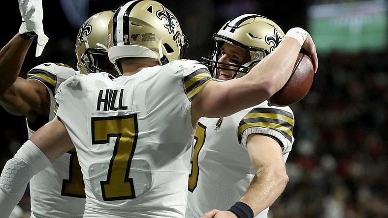 Taysom Hill and Drew Brees celebrate touchdown