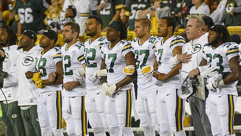 Aaron Rodgers during national anthem