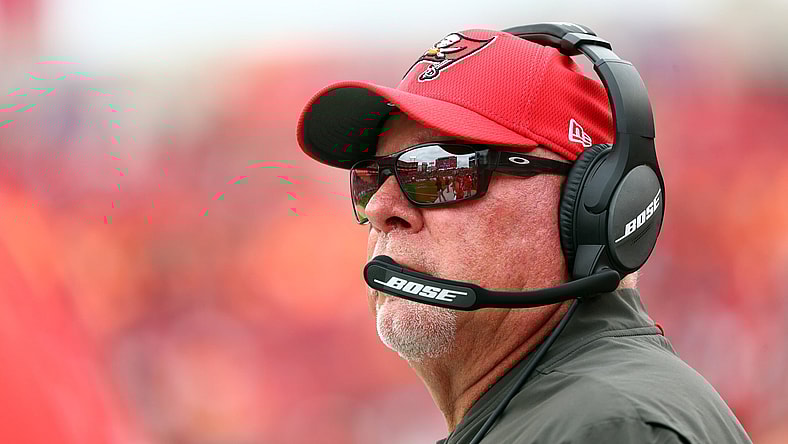 Tampa Bay Buccaneers HC Bruce Arians looks from sideline