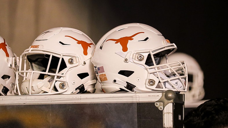 Texas Longhorns football helmets during West Virginia game