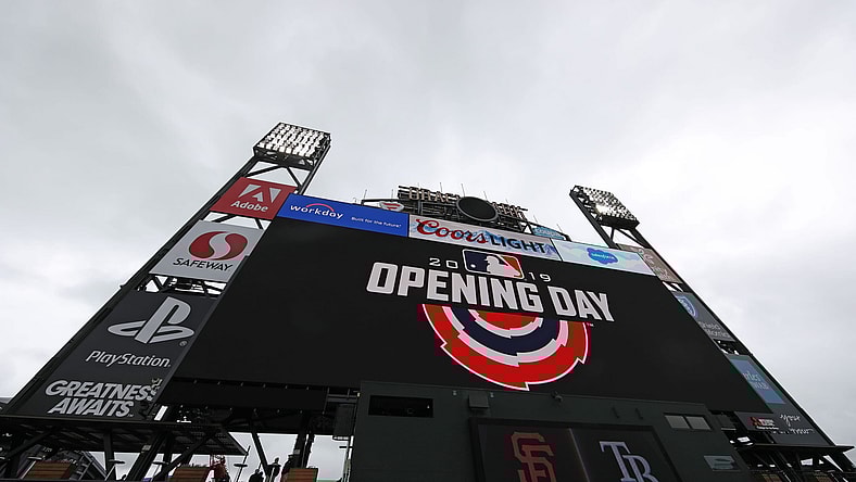 MLB Opening Day logo during Giants-Rays game