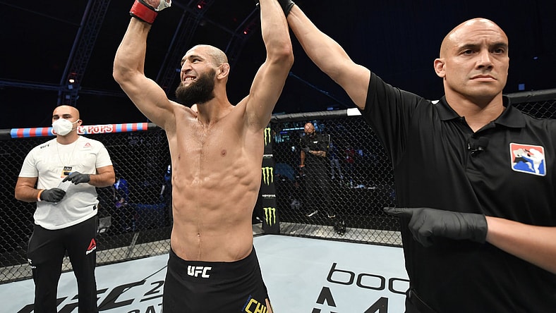 Khamzat Chimaev and Rhys McKee during UFC Fight Night