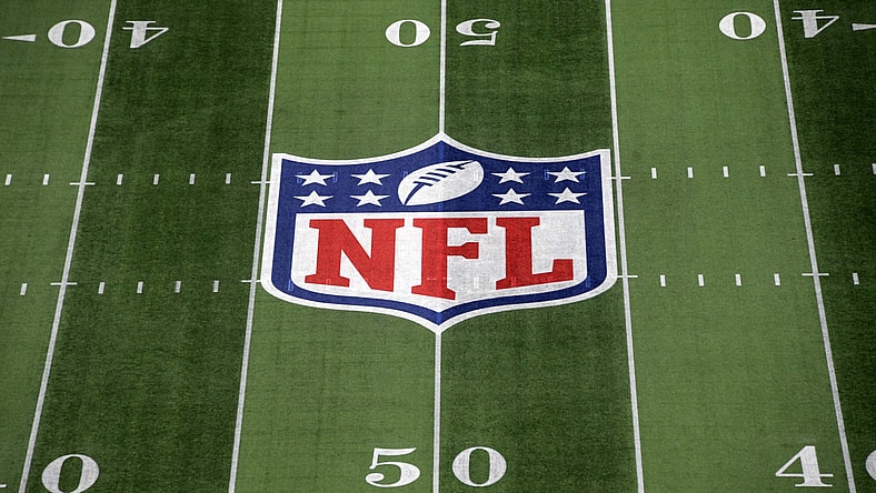 NFL shield at midfield during 2019 season