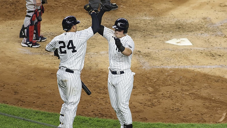 Yankees' Luke Voit celebrates after hitting HR against the Red Sox