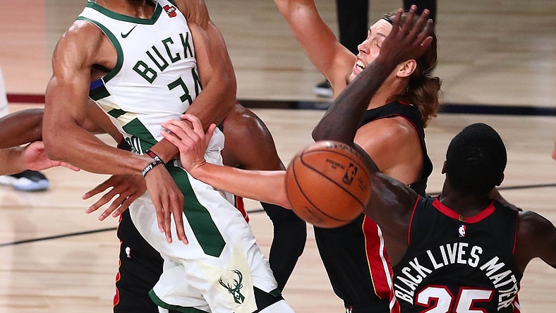 Bucks star Giannis Antetokounmpo against the Heat in Orlando.