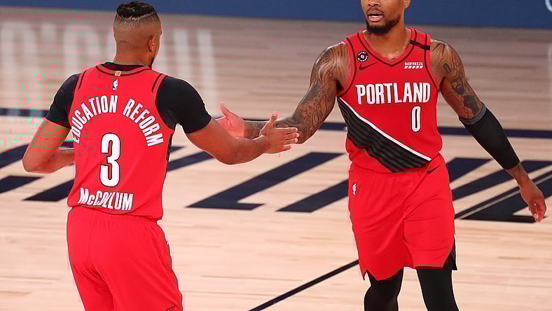 Blazers' Damian Lillard and C.J. McCollum during NBA Playoffs vs. Lakers