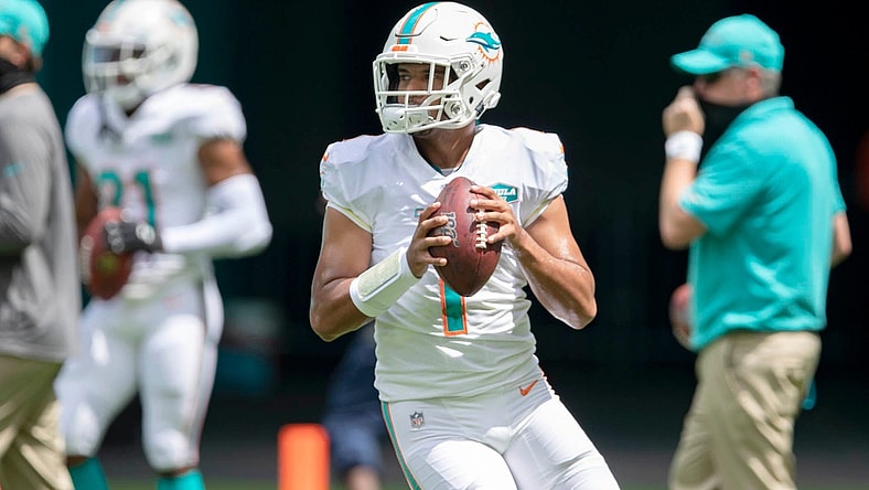 Dolphins QB Tua Tagovailoa during warmups.