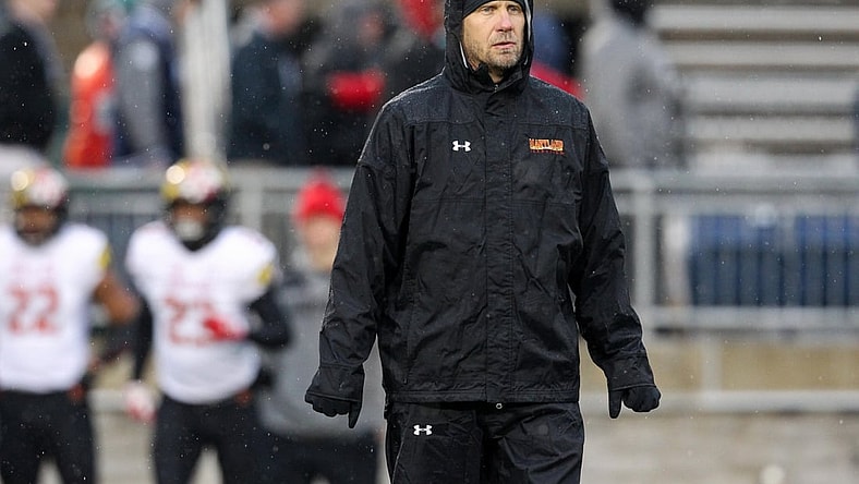 Nov 24, 2018; University Park, PA, USA; Maryland Terrapins interim head coach Matt Canada stands on the field during warm ups before a game against the Penn State Nittany Lions at Beaver Stadium. Mandatory Credit: Matthew O'Haren-USA TODAY Sports