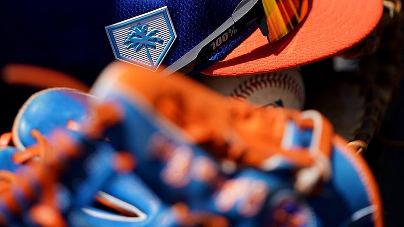 Mar 23, 2019; Lake Buena Vista, FL, USA; A view of the Grapefruit League logo on the hat of New York Mets second baseman Robinson Cano (24) prior to the game against the Atlanta Braves at Champion Stadium. Mandatory Credit: Aaron Doster-USA TODAY Sports