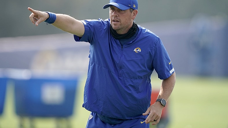 Aug 21, 2020; Thousand Oaks, CA, USA; Los Angeles Rams pass game coordinator Shane Waldron gestures during training camp at Cal Lutheran University. Mandatory Credit: Kirby Lee-USA TODAY Sports